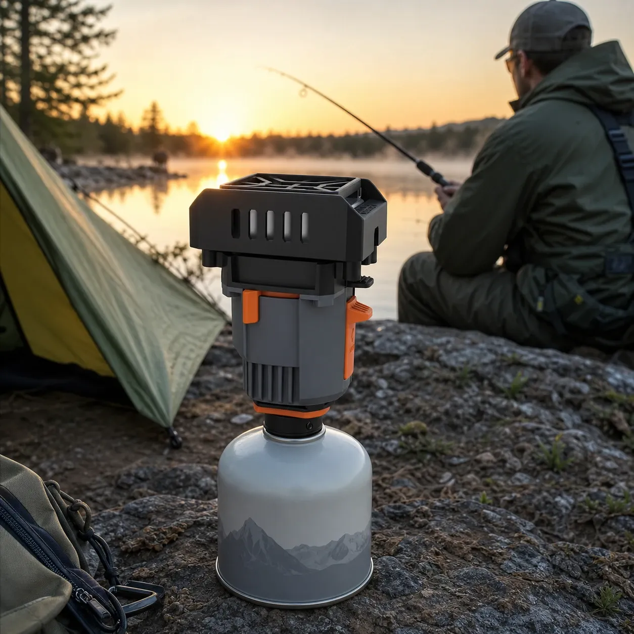 Portable fuel-powered mosquito repeller mounted on a camping gas canister beside a tent at sunset, with a backpacker fishing by the lake in the background.